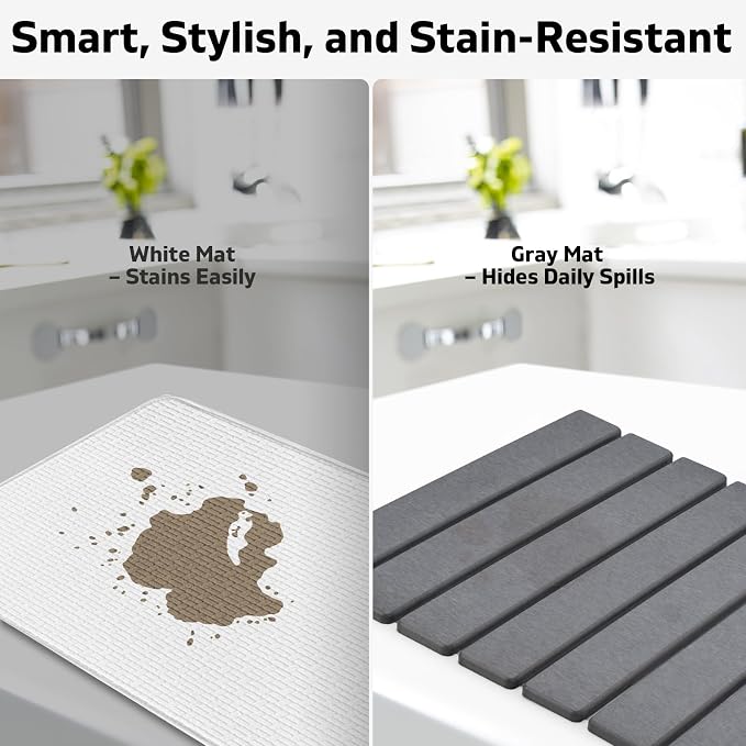 2 PCS Large Stone Dish Drying Mat for Kitchen Counter, 24"×16" Dish Drying Mat with 8"x 4" Coasters, Non - Slip Collapsible Absorbent Mat for Multi - Purpose, Match Any Countertop【Gray】