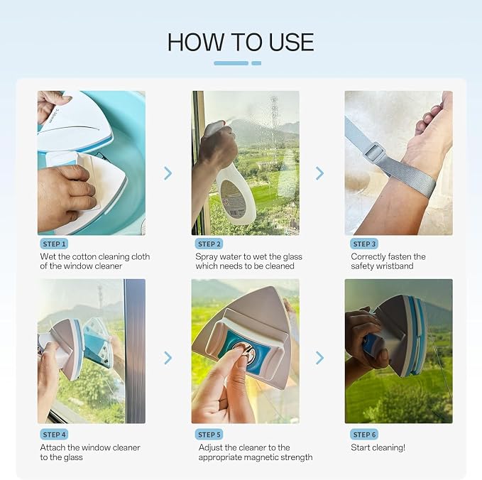 Magnetic Window Cleaner, Adjustable Double Sided Window Cleaning Tool for Single & Double Glazed Glass (0.10"–1.20") High-Rise Glass Wiper with 2.6m Safety Rope