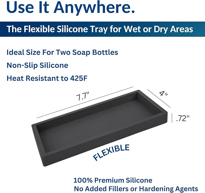 Spacewiser Countertop and Vanity Tray - 2 PC Small 7.7" Silicone Bathroom Trays, Kitchen Soap Tray, Dish Sponge Soap Holder Kitchen Sink Organizer Caddy, Bathroom Counter Trays for Lotion Dispenser