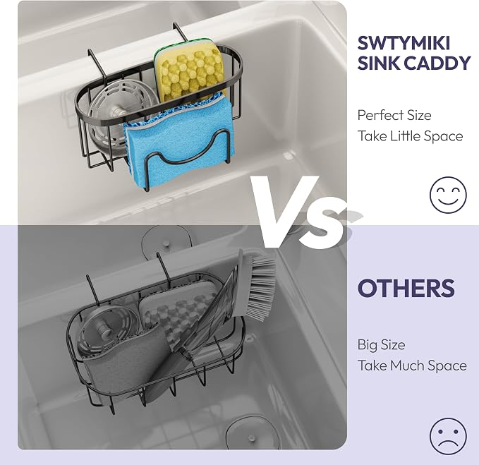 SWTYMIKI Sponge Holder for Kitchen Sink - Movable Kitchen Sink Caddy with M Shape Hook, Stainless Steel Hanging Sponges Caddy Organizer in Double Bowl Sinks Depth>3.15in, Middle Divider<1.5in, Black