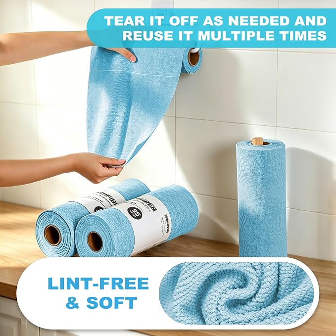 Puomue 55 Pack Microfiber Cleaning Cloth Roll, Tear Away Reusable Paper Towels, 11" X 9", Ultra Absorbent & Lint Free Microfiber Cloth for Cleaning Cars, Kitchen, Window, Home and Shop, Blue