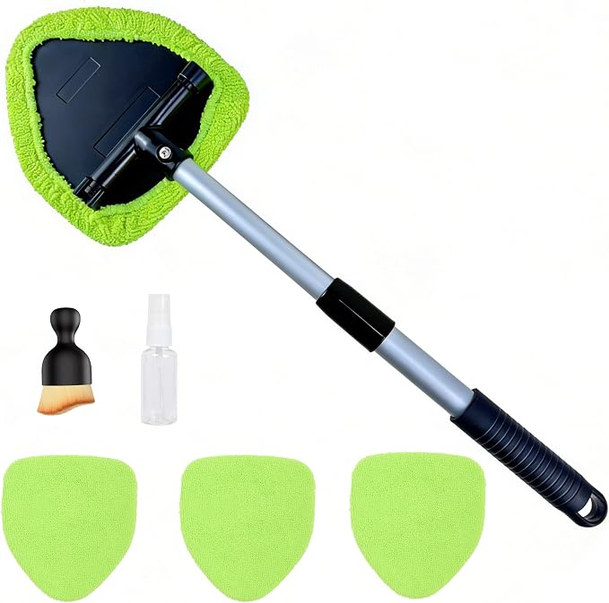Microfiber Car Windshield Cleaning Tool with Extendable Handle,Car Defogging Glass Cleaning Brush with 4 Reusable Microfiber Pads 1 Spray Bottle and 1 Car Dust Removal Brush. (Green)