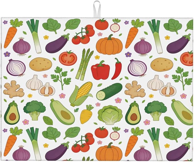 Vegetables Dish Drying Mat, for Farmhouse Kitchen Counter Microfiber Absorbent, Dish Draining Mat Extra Large 18"x24"