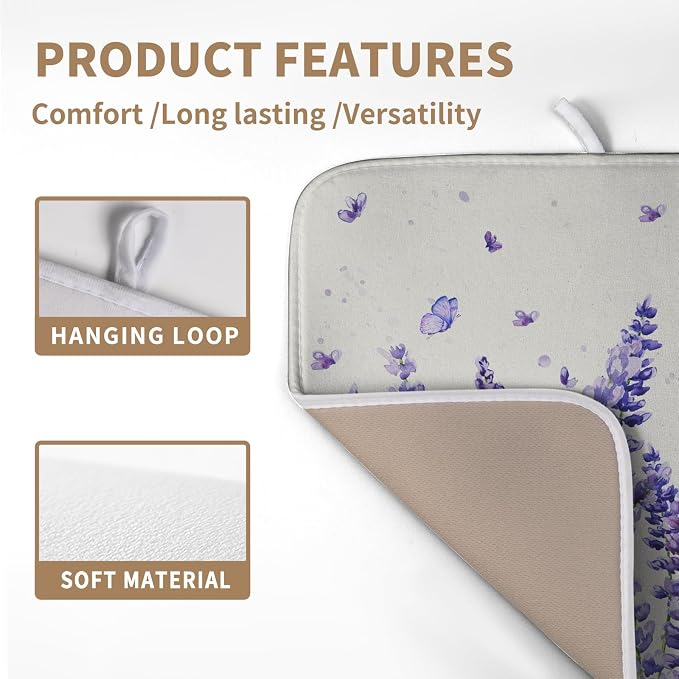 Purple Lavender Dish Drying Mat for Kitchen Counter Spring Summer Flower Floral Dishes Drainer Mats Absorbent Microfiber Dish Drying Pad Washable Dish Draining Mat Medium 16x18 Inch