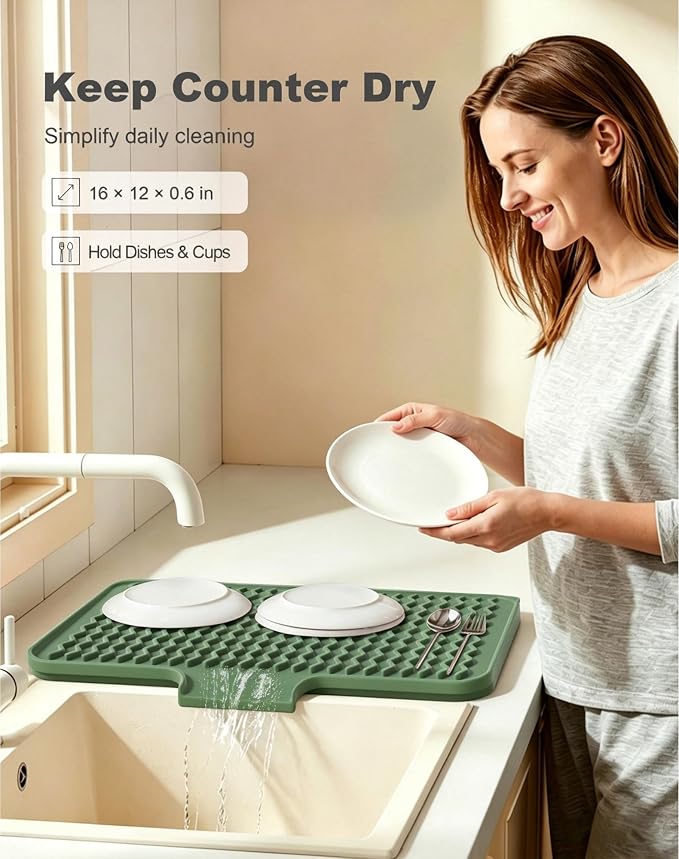 Rnivvi Silicone Dish Drying Mat for Kitchen Counter, 16 x 12" Dish Rack Mat with Drainage Spout, Non-Slip Countertop Protector Heat Resistant Trivet, Drainer Organizer for Home Kitchen Sink , Green