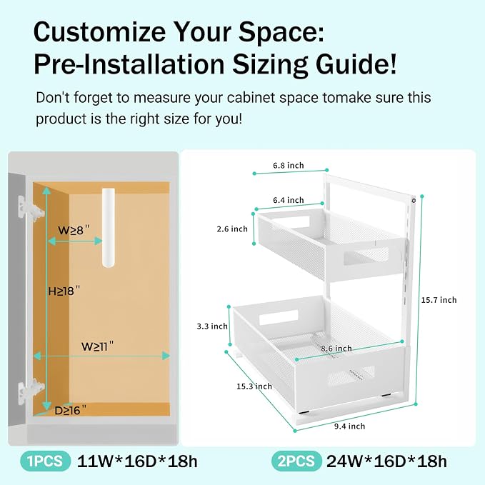 Petiza Under Sink Organizer Adjustable Height 2 Tier Bathroom Organizer Pull Out Cabinet Organer kitchen organizers and storage fridge organizers and storage,White,XL-1 Pack
