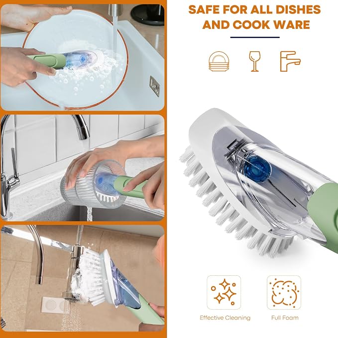 RIMAY Dish Brush with Soap Dispenser Dish Washing Brush with Handle | Soap Dispensing Dish Brush, Soap Brush for Kitchen Sink, Dish Wand Kitchen Brushes for Dishes/Pans/Pots/Sink (Green)