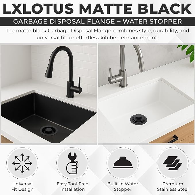 Garbage Disposal Flange Drain with Water Stopper- Universal Matte Black Stainless Steel Flange Fit 3-1/2 Inch Kitchen Sink Hole for Easy New Installation or as a Replacement Accessories Kit