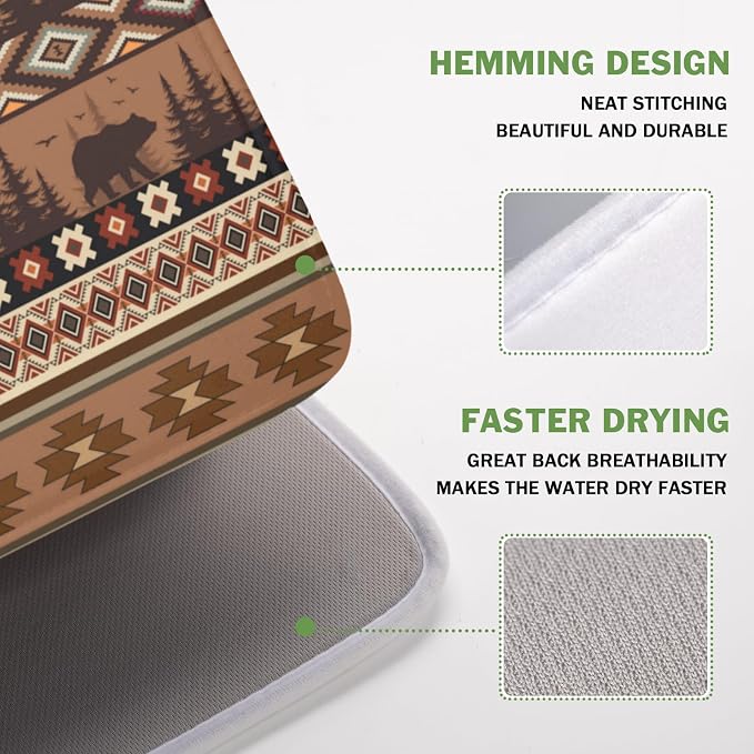 Giwawa Rustic Bear Deer Dish Drying Mat Boho Ethnic Drainer Rack Pad 16x18 Inch Microfiber Absorbent Dish Sink Mat for Counter Kitchen Tableware