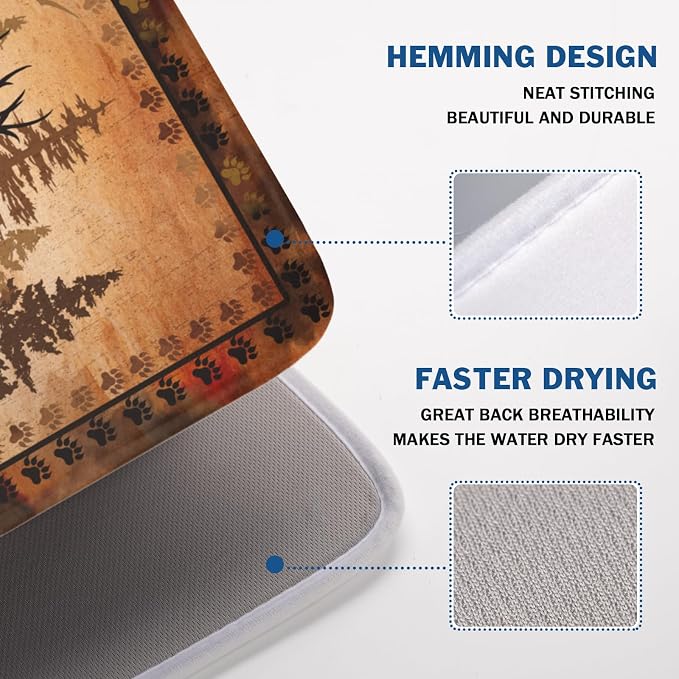 Giwawa Forest Deer Dish Drying Mat Wildlife Animal Dishes Pad 18"x24" Microfiber Absorbent Fast Dry Drainer Rack Mats for Kitchen Countertop Decor