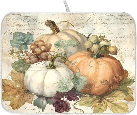 Autumn Pumpkin Fall Leaves Thanksgiving Dish Drying Mat for Kitchen Counter Absorbent Microfiber Small Drying Pad Dish Mats for Kitchen Countertops 16 x 18 Inch