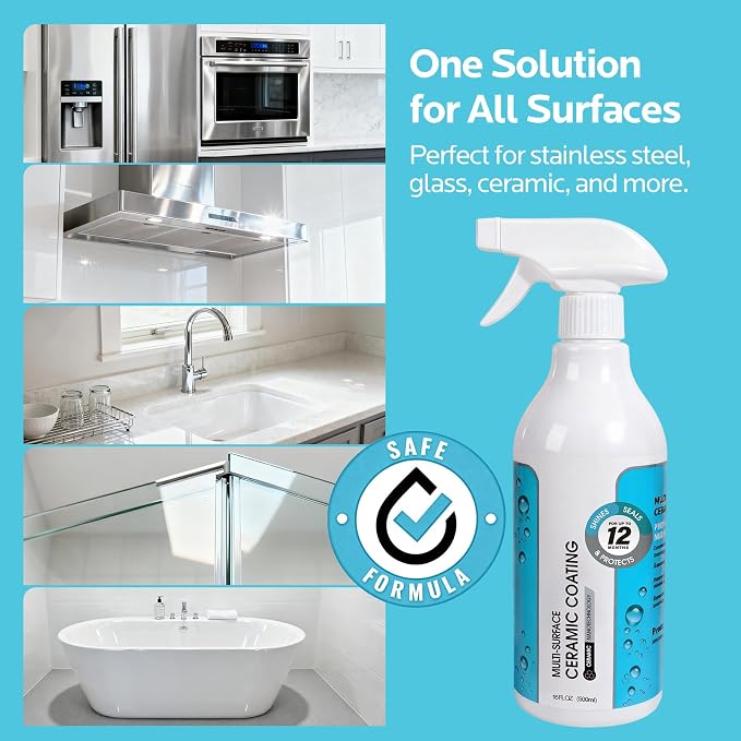 Ceramic Coating Spray Kit for Home: Long-Lasting Stain and Water-Spot Repellent for Kitchen Bath Surfaces - Repel Fingerprints Bathroom Cleaner Safe for Stainless Steel Glass Tile (500ml)