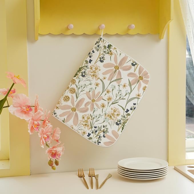 Floral Dish Drying Mat 18x24 Inch Vintage Pink Green Daisy Flower Drying Mat Boho Spring Summer Seasonal Absorbent Dish Drying Pad Dish Rack Drainer Mats for Kitchen Dining Counter