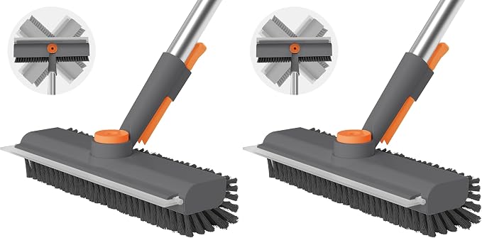 Floor Scrub Brush with Long Handle, 3 in 1 Scrape and Heavy-Duty Stiff Bristle Scrubber Brush for Cleaning Shower Bathroom, Patio, Pool, Garage, Kitchen, Wall and Deck (Gray, 2 Pack)