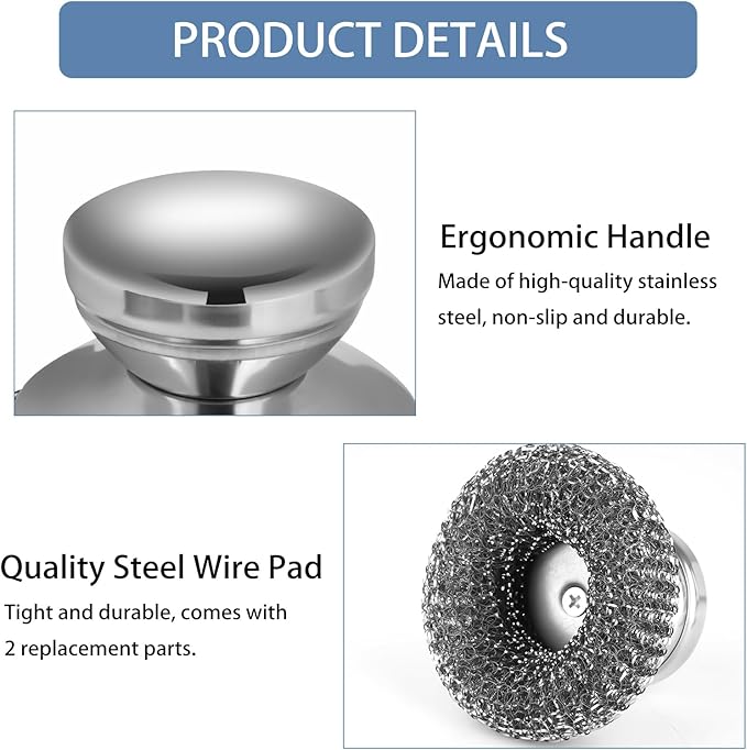 4Pcs Steel Wool Scrubber Set, Stainless Steel Scrubber with Stainless Steel Handle, for Cleaning Dishes, Cast Iron, Stock Pots, Pans, Griddles, Grills