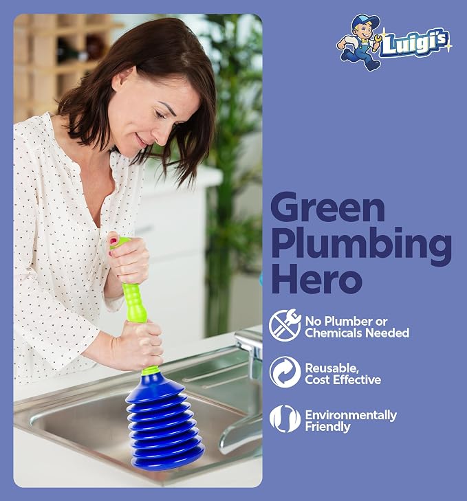 Luigi's Sink Plunger Kitchen - Sink Plunger Bathroom - Drain Bathtub or Shower - Large and Powerful Clog Remover - Commercial Style Plumbers Plungers with Large Bellows - Blue Green - Grande