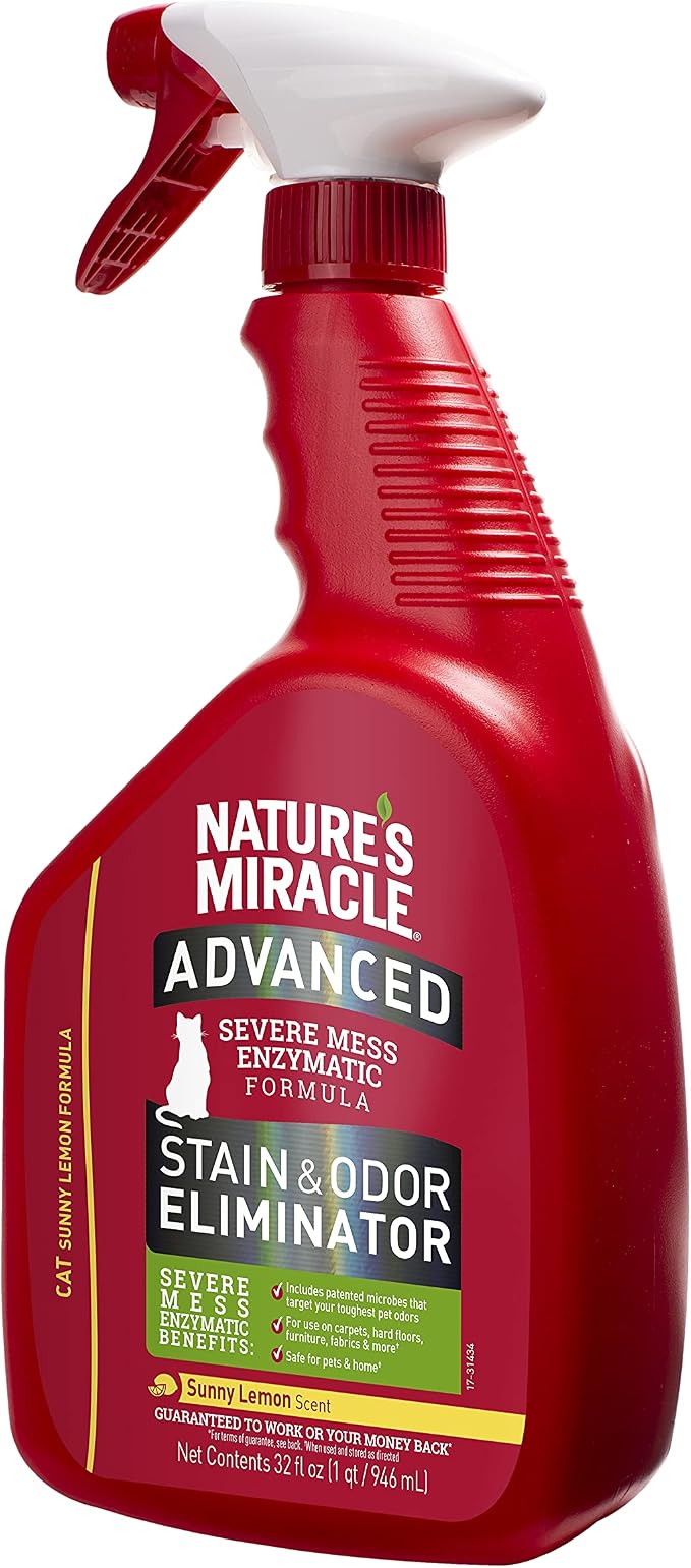 Nature’s Miracle Advanced Cat Stain & Odor Eliminator, Severe Mess, 32 oz | Enzymatic Cleaner Eliminates the Toughest Cat Messes, For Use on Multiple Surfaces, Safe For Pets and Home*, Fresh Scent