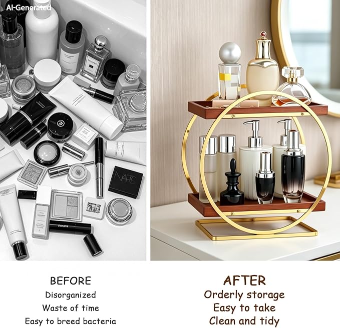 2-Tier Bathroom Counter Organizer, Wood Bathroom Organizer for Vanity Makeup Skincare Cologne Storage, Bamboo Perfume Organizer for Dresser, Countertop Shelf for Bathroom Kitchen, Gold & Brown