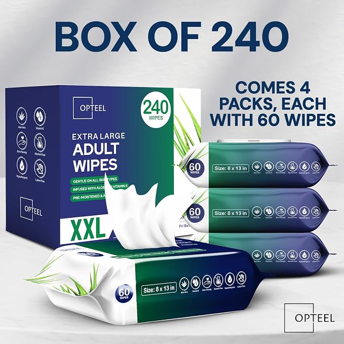OPTEEL Adult Wipes for the Elderly – Extra Large 8x13, Pre-Moistened 240ct | Rinse-Free, Unscented, Super Soft, Aloe & Vitamin E Infused Disposable Washcloths for Personal Cleansing & Incontinence Care