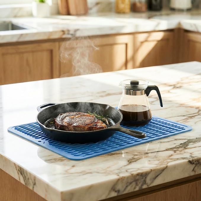 MicoYang Silicone Dish Drying Mat — Quick-Dry Ridges Counter & Sink Pad, Heat-Resistant Trivet to 450°F, Non-Slip & Dishwasher Safe, Roll-Up Storage, 18 Colors & 9 Sizes (Lichen Blue, 16"×12")