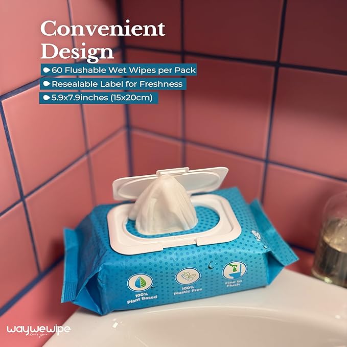 Flushable Wet Wipes, 6 Pack - 60 Wipes Per Pack (360 Count), XL Adult Cleansing Cloth for Men & Women, Hypoallergenic 100% Plant Based Disposable, Septic & Sewer Safe, Fragrance Free