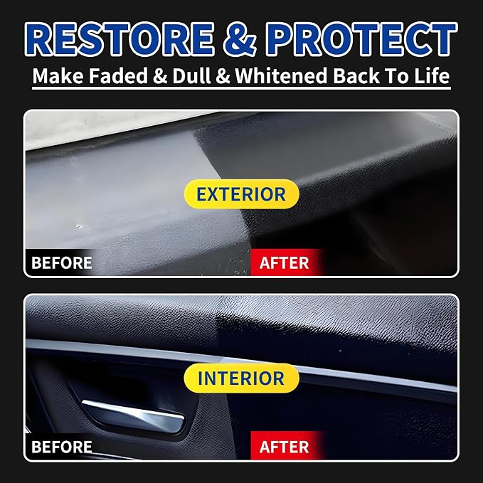 Plastic Restorer for Cars, Restores Faded Plastic, Vinyl, Rubber, Trim, Bumpers & Interior Surfaces to Like-New Finish - Brings Back Deep Black & Color, UV Resistant - 3.4OZ