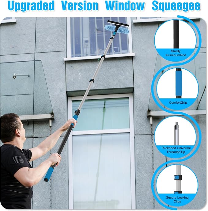 25FT Reach Window Squeegee Kit with Extension Pole, 2-in-1 Professional Washer for High Windows, 5-20FT Adjustable Reach, Rotatable Head for Indoor & Outdoor Use, Streak-Free Cleaning Tool for Home