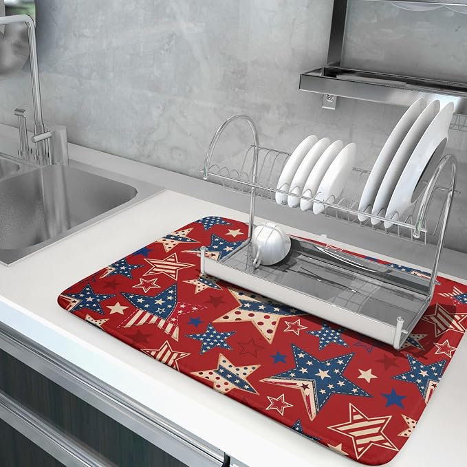 4th of July Dish Drying Mat for Kitchen Counter Patriotic Red Absorbent Dishes Dryer Pad 18 x 24 in