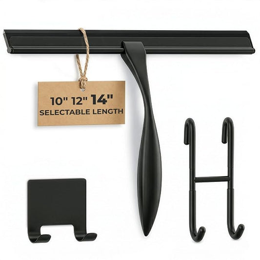 Black Squeegee for Shower Glass, 14" Silicone Blade, Stainless Steel | Shower Door Squeegee with Hook, Adhesive Mount; All-Purpose Bathroom Tile, Mirror, & Window Wiper for Streak-Free Cleaning