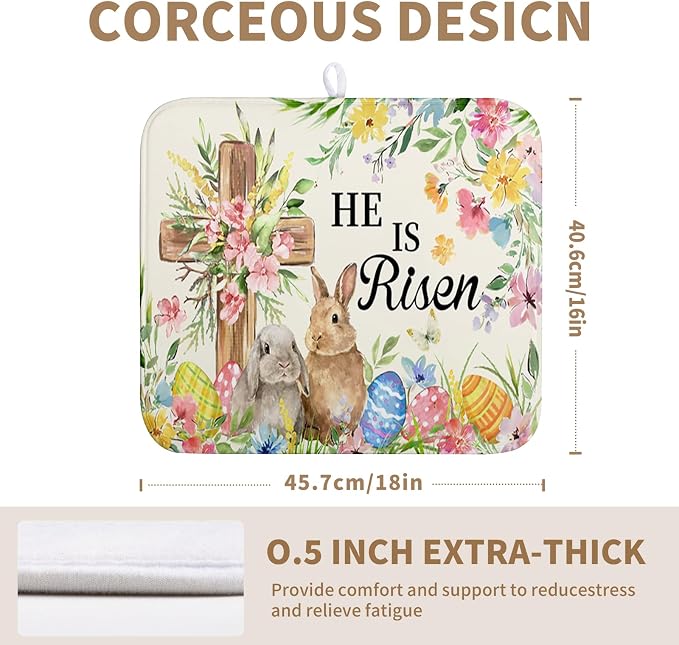 Easter He Is Risen Bunny Dish Drying Mat for Kitchen Counter Spring Easter Cross Floral Eggs Drying Pad 16x18 In Microfiber Absorbent Holiday Dishes Drainer for Kitchen Counter Tableware