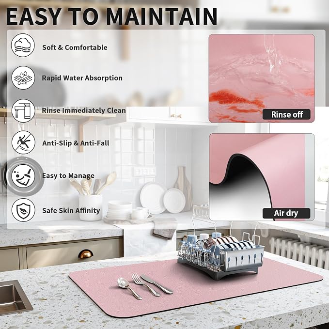 HotLive Dish Drying Mat for Kitchen Counter, Heat Resistant Drainer Mats with Non-slip Rubber Backed, Hide Stain Kitchen Super Absorbent Draining Mat, Easy to Clean Dish Rack Pad, Pink 18"x28"