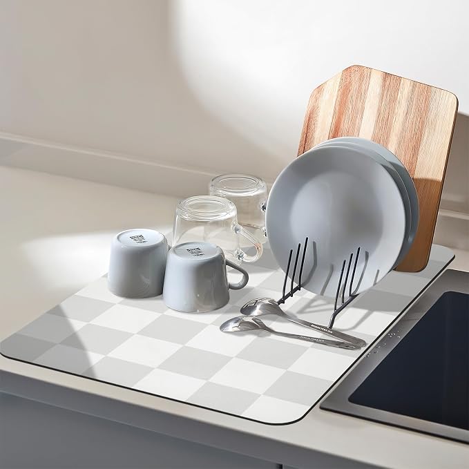 Dish Drying Mat for Kitchen Counter,16"x 24" Super Absorbent Kitchen Dish Drying Pad, Coffee Bar Mat with Rubber Backed, Coffee Bar Accessories for Countertop Dishes Utensils,Grey Checkered