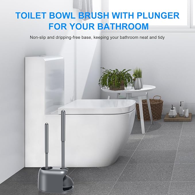 SetSail Toilet Brush and Plunger Set, Semi-Hidden Toilet Plungers Heavy Duty Toilet Bowl Brush and Holder for Bathroom Toilet Plunger and Brush Set for Deeply Cleaning - Gray