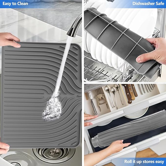 JACZZO Silicone Dish Drying Mat for Kitchen Counter, 19.7" x 17.2" Large Drying Mat with Built-in Drain Lip, Heat Resistant Countertop Protector Pad, Fast Drying & Easy Clean, Grey