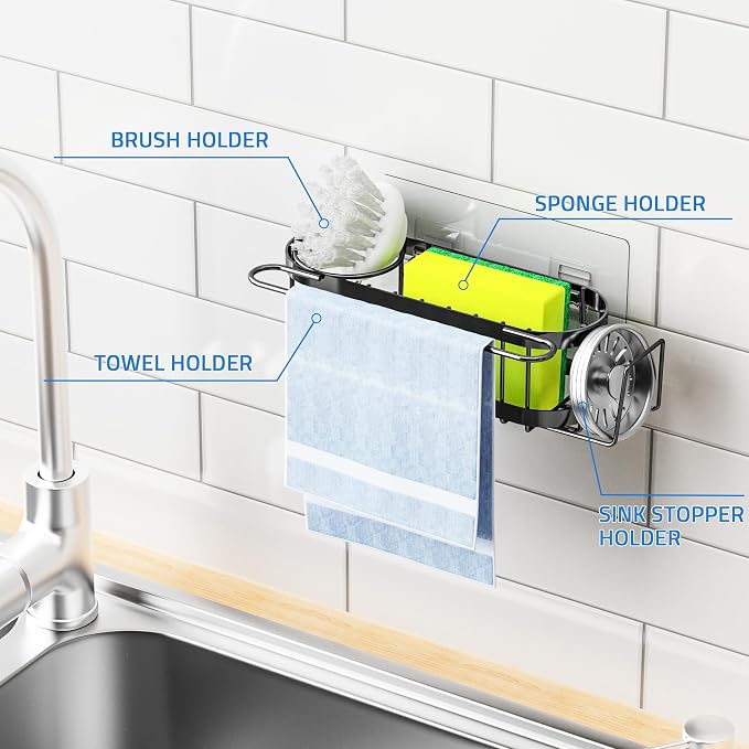 Cisily Kitchen Sink Caddy Sponge Holder in The Sink, Stainless Steel Kitchen Sink Organizer, Brush Holder, Dish Cloth Hanger, Sink Stopper Holder (Hanging-Black)