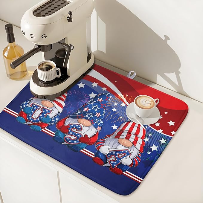 Kawani 4th of July Dish Drying Mat 18x24 Inch Spring Summer Patrioti Gnome Memorial Kitchen Mats Independece Day Absorbent Dishes Pad for Kitchen Counter Usa Stars Drying Mat Home Decor Countertops