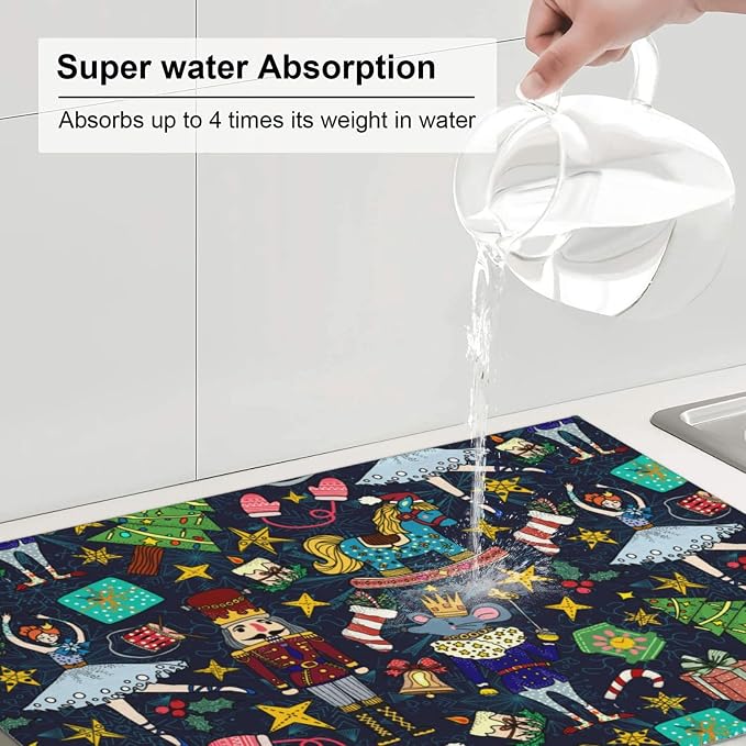 Christmas Nutcracker Dish Drying Mat for Kitchen Counter Cute Kitchen Christmas Dish Mat Microfiber Kitchen Countertop Absorbent Reversible Drainer Rack Pad