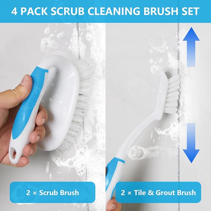 Scrub Brush Set, 4 Pack Deep Cleaning Brush Kit, Blue | 2 Scrub Brush, 2 Tile & Grout Brush with Built-in Scraper, Household Commercial Scrubber for Floor, Shower, Pool Wall, Tub