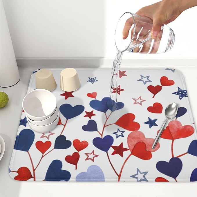 4th of July Dish Drying Mat for Kitchen Counter Patriotic Red Blue Star Love Heart Pattern Microfiber Dish Drainer Mat Independece Day Absorbent Washable Drying Pad 16"x18"