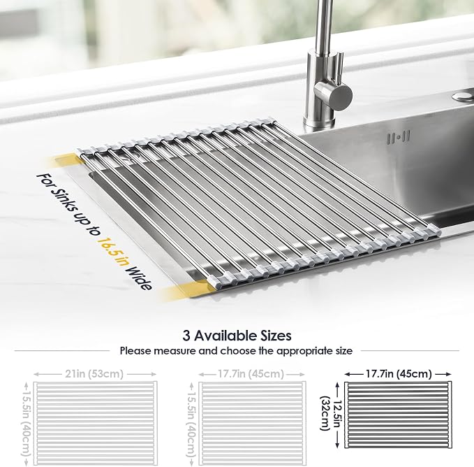 Tomorotec Stainless Steel Roll-Up Dish Drying Rack Marble Color Silicone Edges, Foldable Kitchen Rack Heat Resistant Trivet Supports up to 70 lbs, Food Safe for Dishes, Cookware & More