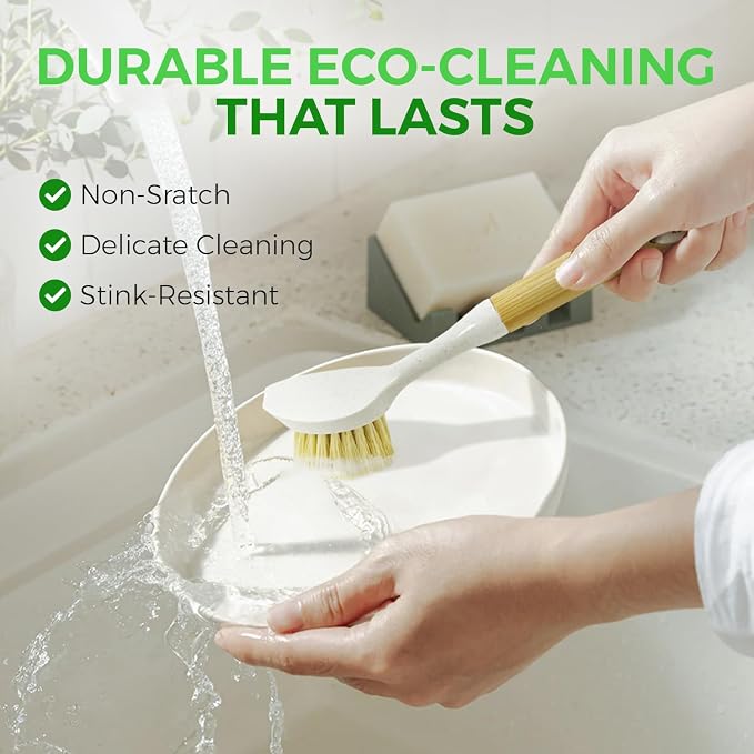 AIRNEX Bamboo Dish Brush Set of 2 - Dishwasher Brush w/Handle Made of Wheat Straw & Sisal Bristles - Non Scratch Kitchen Scrub Brush for Dishes, Pots & Pans - Dish Scrubber w/Plastic Free Bristles