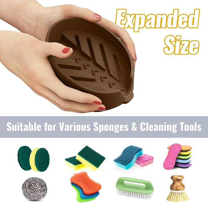 NiHome Silicone Sponge Holder for Kitchen Sink, Fits Scrub Daddy Mommy | Self-Draining Dispenser Organizer Tray, Sink Caddy Countertop Fits Soaps,Scrubber,Dishwasher Safe,Includes Brush,Coffee Brown