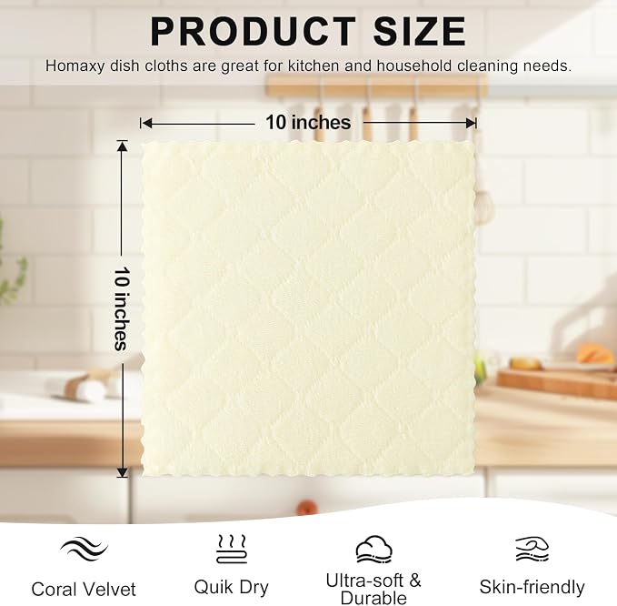 Homaxy 12 Pack Kitchen Dish Cloths (10 x 10 Inches, Cream Yellow), Super Soft and Absorbent Coral Velvet Dish Towels, Nonstick Oil Fast Drying Microfiber Cleaning Cloth, No Lint Household Dishcloths