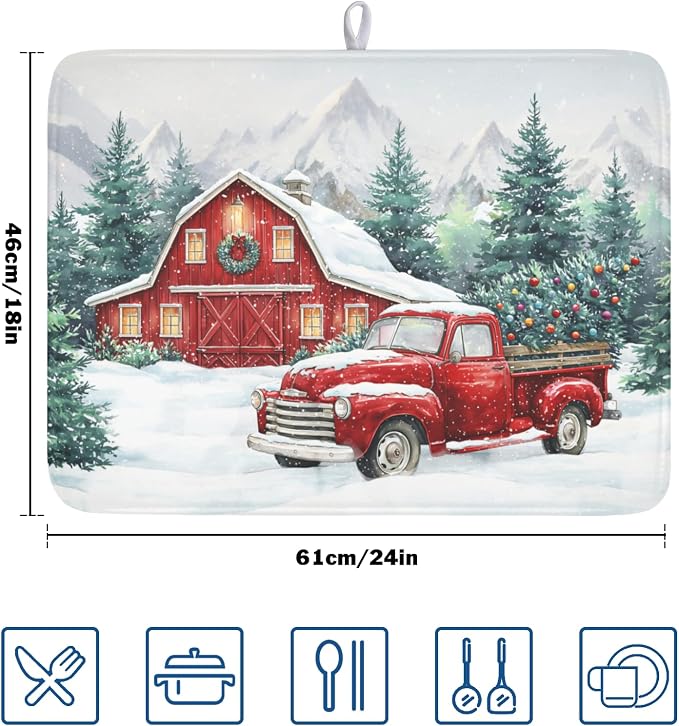 Winter Snowscape Dish Drying Mat for Kitchen Counter Christmas Red Truck Trees Dish Drainer Mat Xmas Holiday Rustic Farmhouse Absorbent Washable Drying Pad 18"x24"