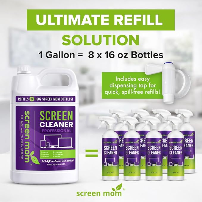 Screen Mom Screen Cleaner Spray 1-Gallon for TV, Car, Laptop and Computer | Streak-Free Formula, Glass & OLED Safe, Refill Dispensing Tap, Alcohol & Ammonia Free, Phones & Tablets Multi-Screen Cleaning
