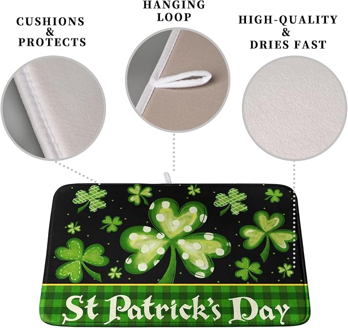 Happy St. Patrick's Day Kitchen Drying Mat Green Plaid Lucky Shamrock Clover Dish Drying Mat St Patrick's Day Super Absorbent Dish Dry Pad Microfiber Dish Drainer Mats for Kitchen Counter 18x24 Inch