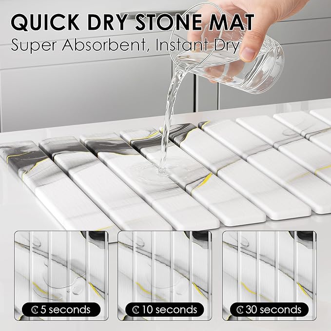 4-Piece Large Stone Dish Drying Mat for Kitchen Counter, 24"x16" Super Absorbent Diatomaceous Earth Drying Mat Set with Faucet Mat & Small Utility Mat, Rollable Quick Dry Pad for Dishes, Cups, Bottles