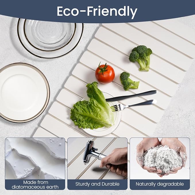 Meowoo Stone Drying Mat for Kitchen Counter, 28.3"x15.7" Foldable Diatomaceous Earth Mat, Super Absorbent, Quick-Dry Bath & Kitchen Pad for Dishes, Cups, Bottles, Non-Slip, Fits Any Countertop - White