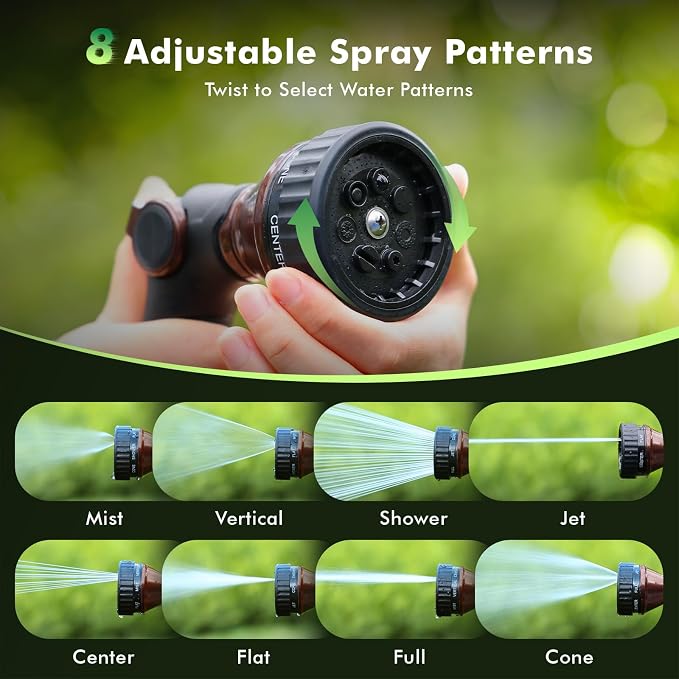 RESTMO Water Hose Nozzle Heavy Duty, Garden Hose Sprayer Thumb Control | Premium Zinc Alloy Metal, 8 Spray Patterns, Flow Adjustable, for Outdoor Plants & Lawns Watering, Cars & Pets Washing, Brown