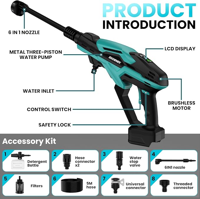 Cordless Portable Washer for Makita 18V Battery, 800 PSI Portable Handheld Washer with Brushless Motor, 6-in-1 Nozzle, 3 Level Adjustable for Car Yard Fence Wall Clean (Battery Not Included)